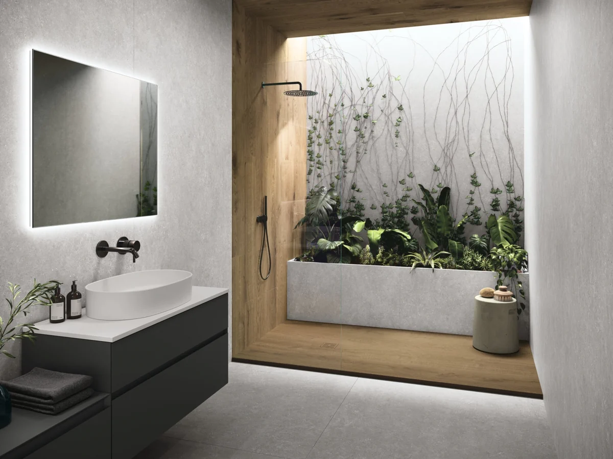 Gres Cifre VERMONT efekt drewno - aranzacja w korytarzu z naturalnym swiatlem