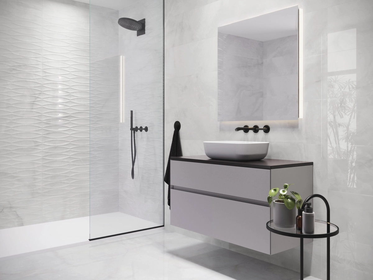 Gres Cifre ONIX efekt kamień - aranzacja w eleganckiej lazience
