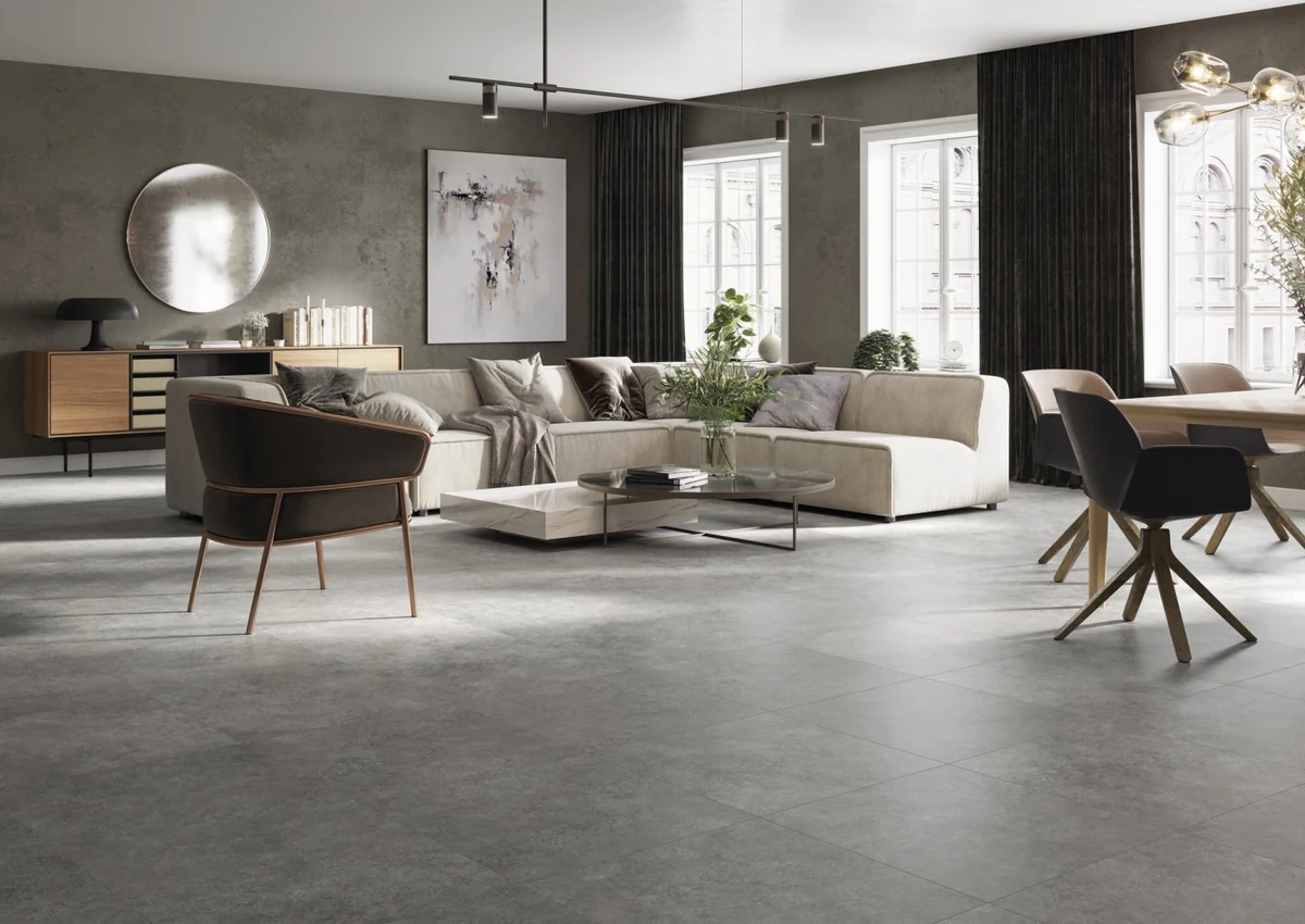 Gres Cifre PULSAR efekt beton - aranzacja w nowoczesnym salonie
