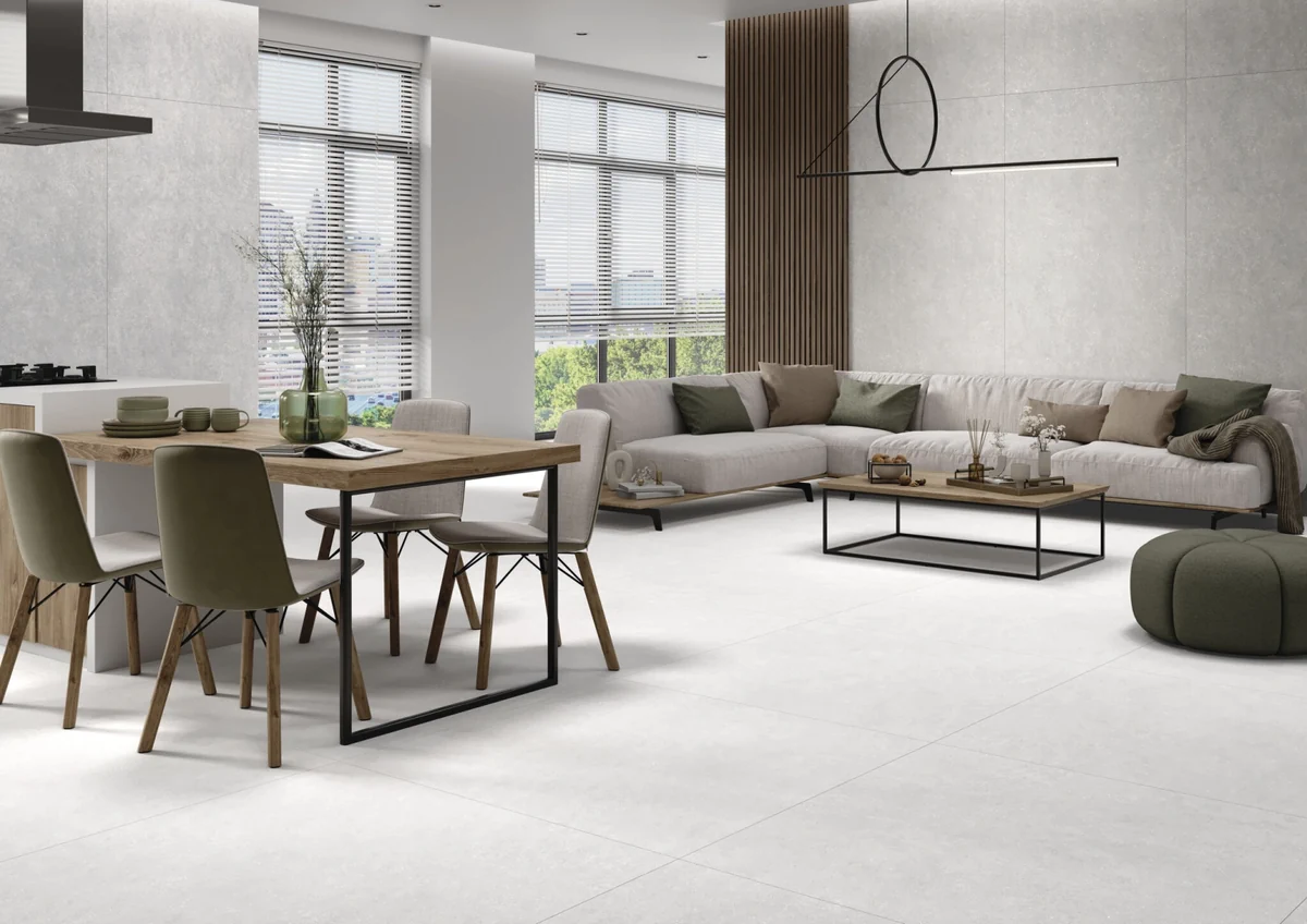 Gres Cifre ACRON efekt beton - aranzacja w przestronnym holu