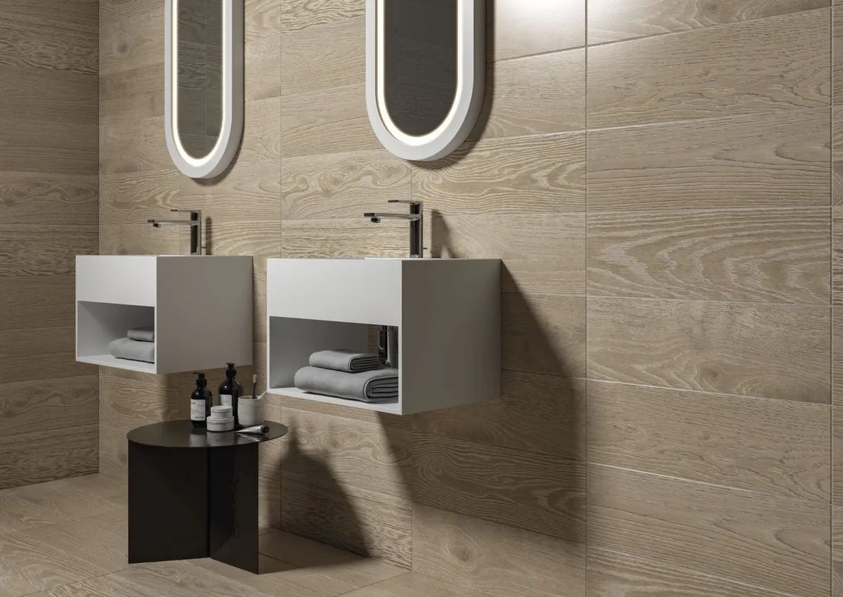 Gres Cifre MONTANA efekt drewno - aranzacja w eleganckiej lazience