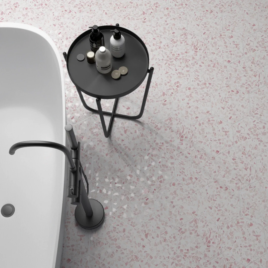 Gres Cifre RIAZZA efekt terrazzo - aranzacja w minimalistycznym wnetrzu