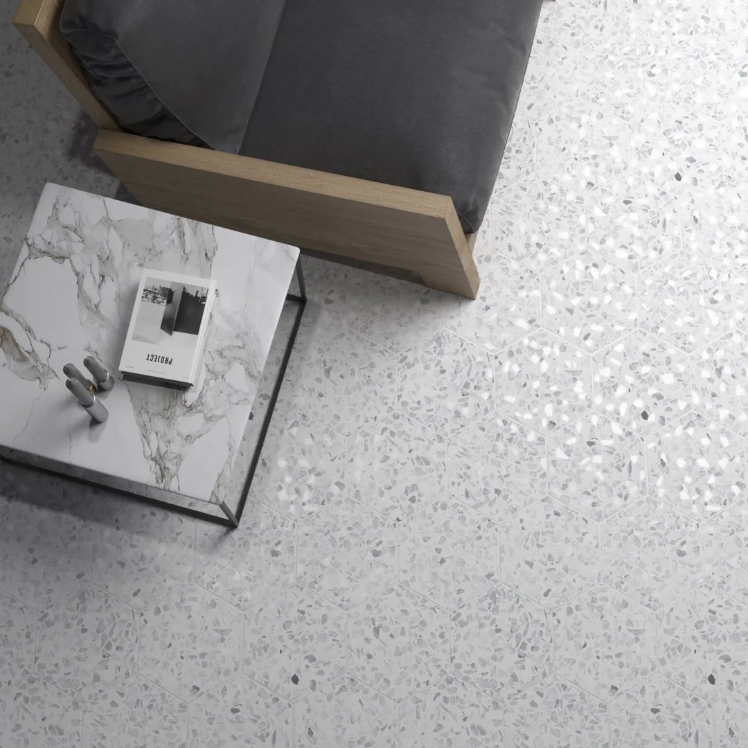 Gres Cifre RIAZZA efekt terrazzo - aranzacja w nowoczesnym salonie