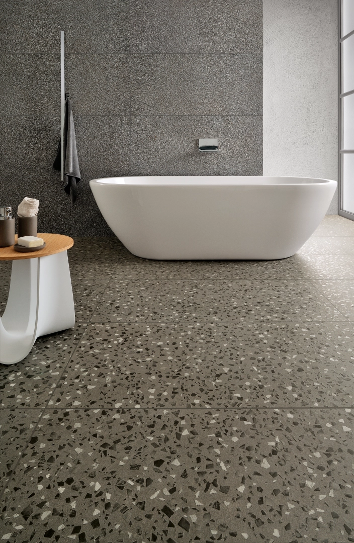Gres Coem TERRAZZO efekt terrazzo - aranzacja w minimalistycznym wnetrzu