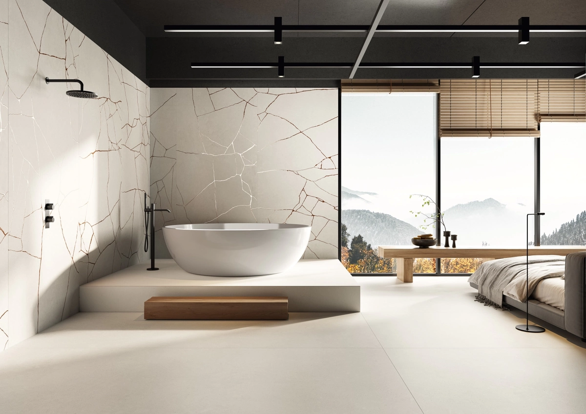 Gres Coem WIDE GRES efekt drewno, kamień, marmur, beton, terrazzo - aranzacja w przy kominku