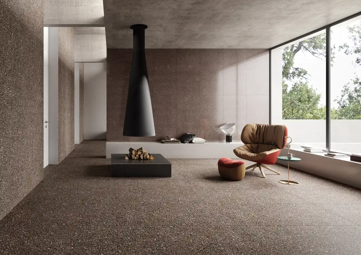 Gres Coem PORFIRICA AGLO efekt terrazzo - aranzacja w strefie dziennej z duzymi przeszkleniami