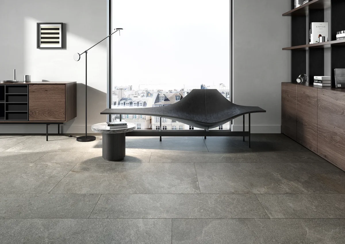 Gres Coem KAVASTONE efekt beton, kamień - aranzacja w minimalistycznym wnetrzu