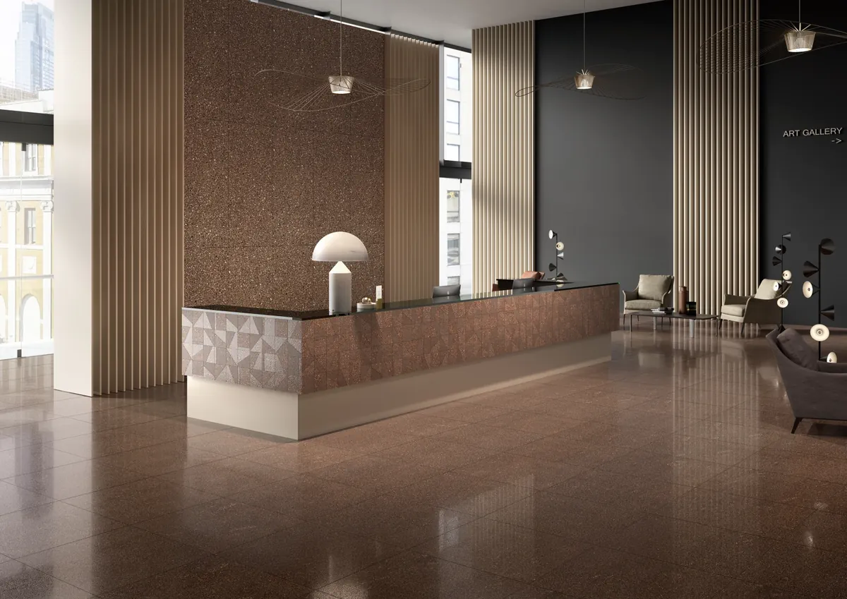 Gres Coem PORFIRICA AGLO efekt terrazzo - aranzacja w minimalistycznym wnetrzu