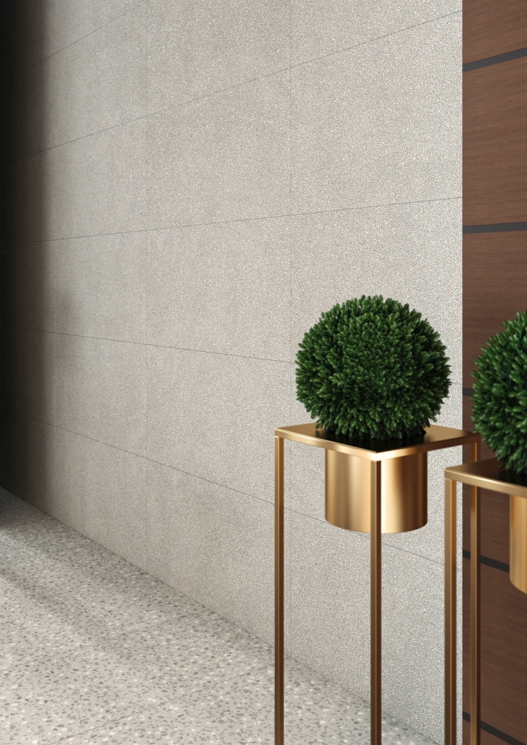Gres Coem TERRAZZO efekt terrazzo - aranzacja w strefie dziennej z duzymi przeszkleniami