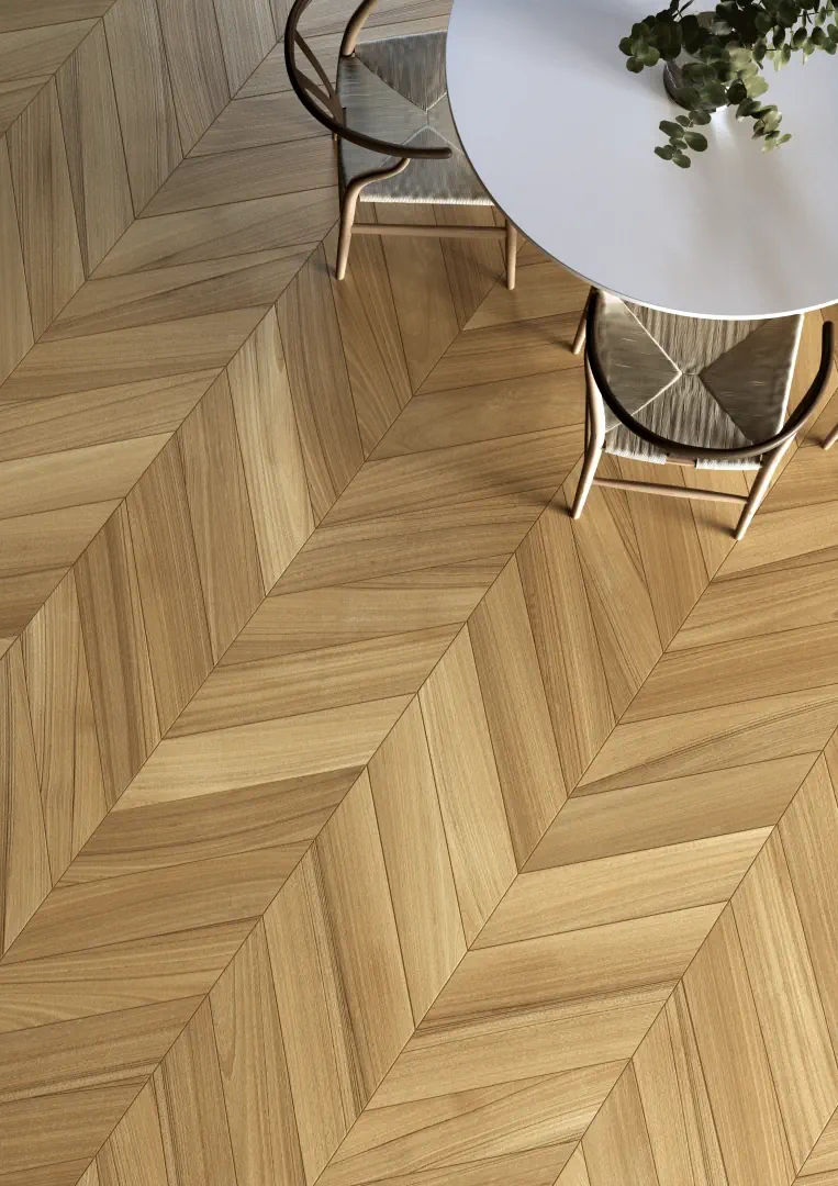 Gres Coem AFROMOSIA efekt drewno - aranzacja w minimalistycznym wnetrzu