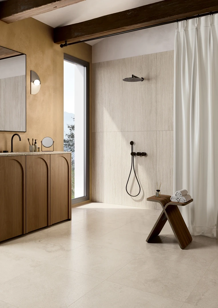 Gres Coem VERSATILE STONE efekt kamień - aranzacja w przy kominku