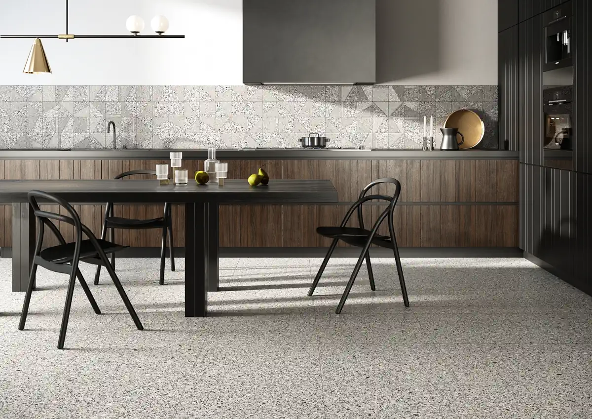 Gres Coem PORFIRICA AGLO efekt terrazzo - aranzacja w eleganckiej lazience