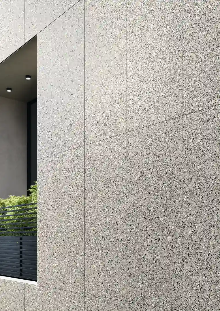 Gres Coem PORFIRICA AGLO efekt terrazzo - aranzacja w przestronnym holu