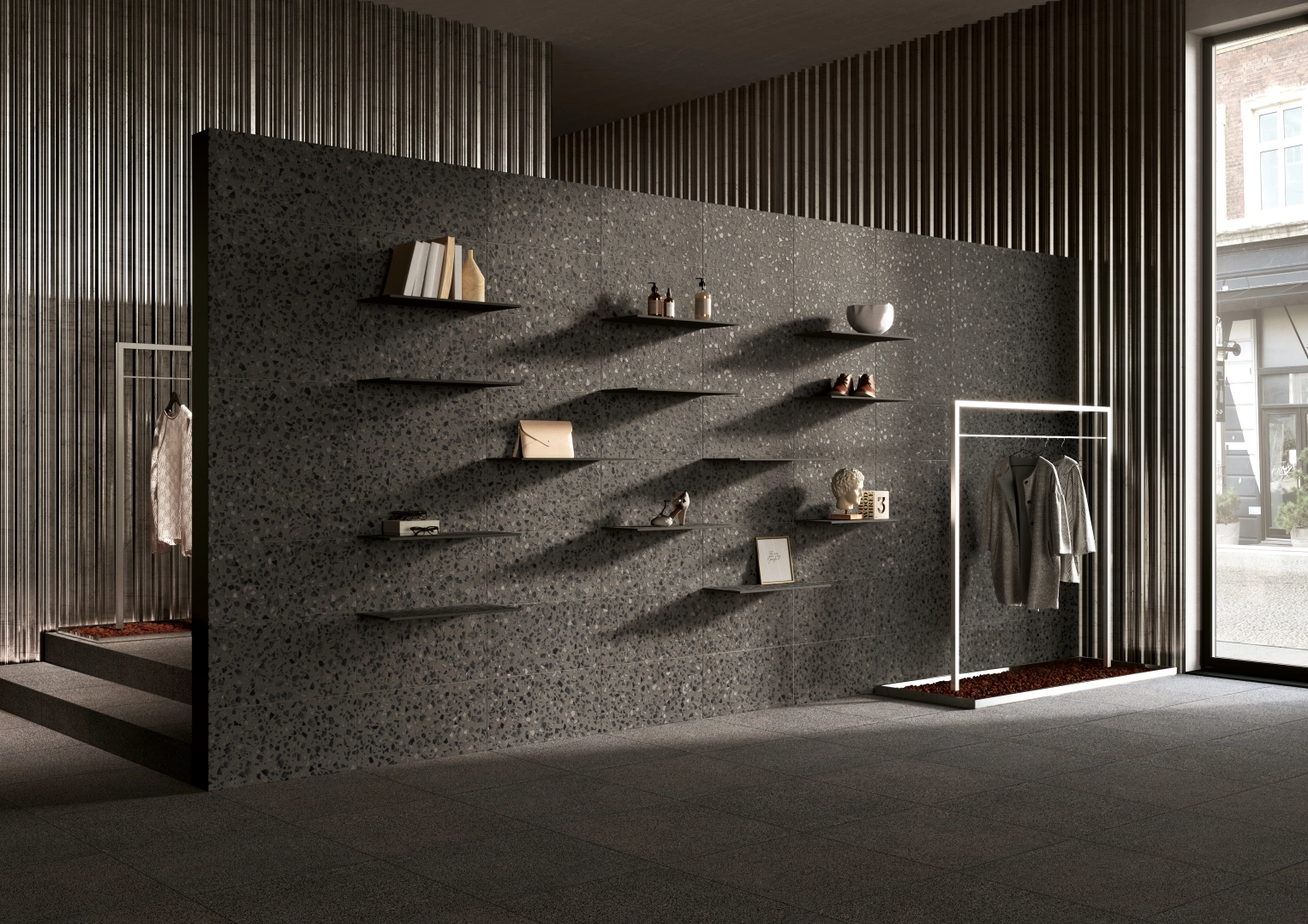 Gres Coem TERRAZZO efekt terrazzo - aranzacja w korytarzu z naturalnym swiatlem