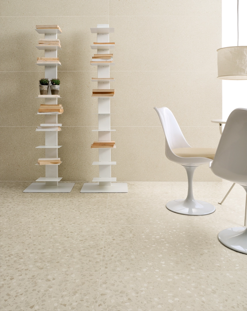 Gres Coem TERRAZZO efekt terrazzo - aranzacja w przy kominku