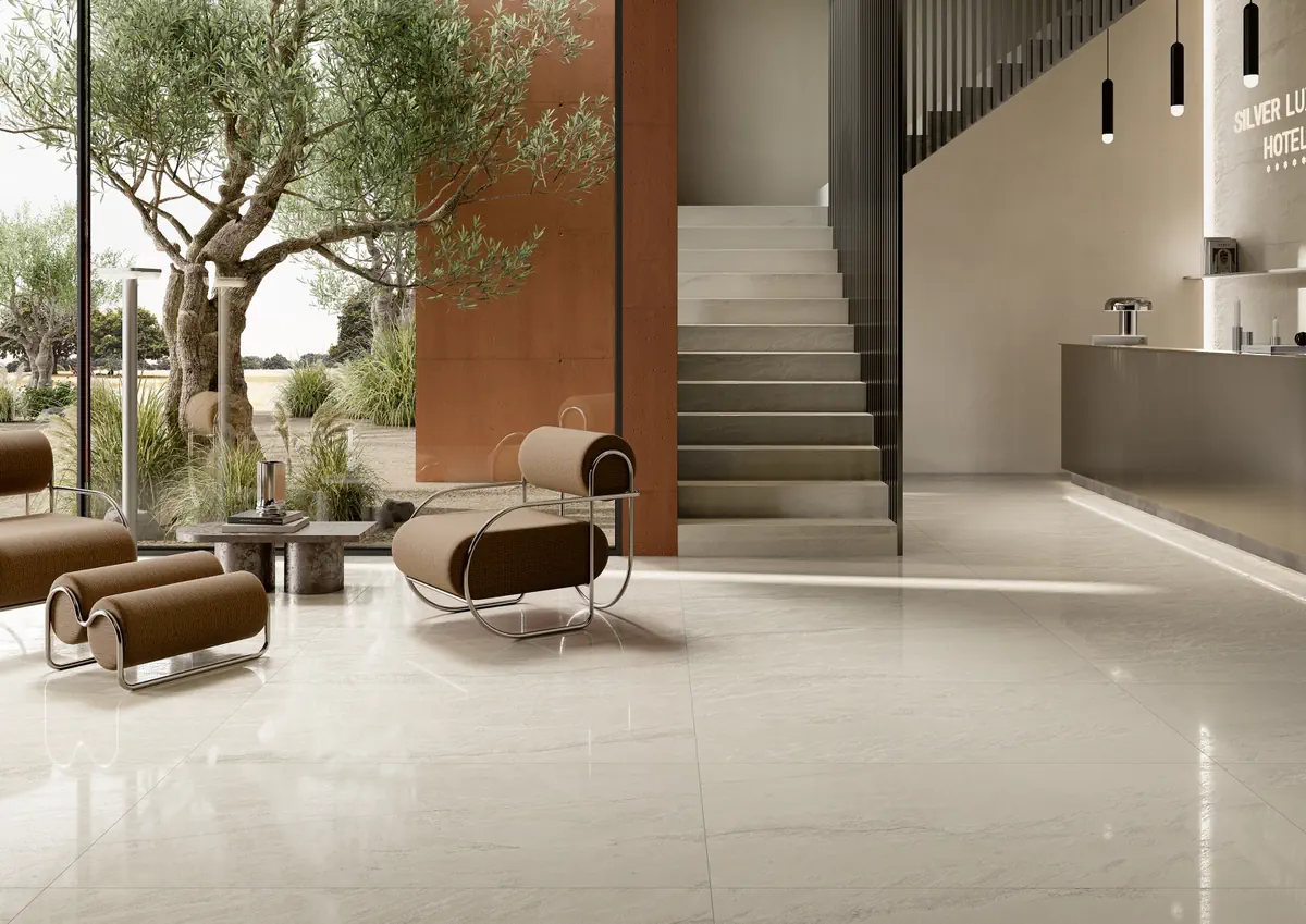 Gres Coem MERIDIEN efekt kamień - aranzacja w minimalistycznym wnetrzu