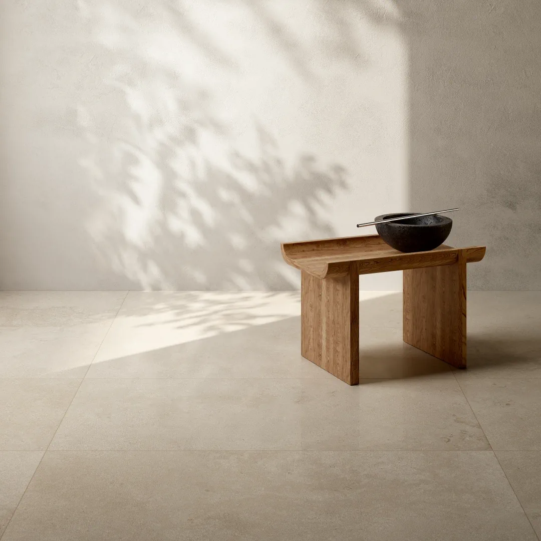 Gres Coem VERSATILE STONE efekt kamień - aranzacja w minimalistycznym wnetrzu