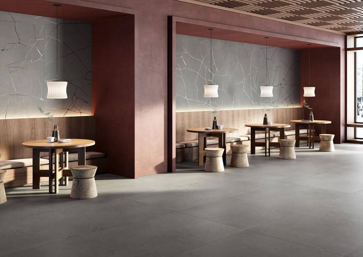 Gres Coem WIDE GRES efekt drewno, kamień, marmur, beton, terrazzo - aranzacja w strefie dziennej z duzymi przeszkleniami