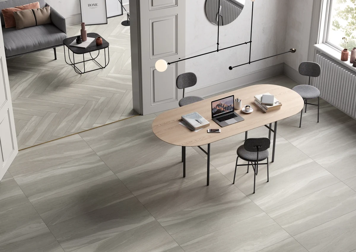 Gres Coem DUALMOOD STONE efekt beton, kamień - aranzacja w strefie dziennej z duzymi przeszkleniami