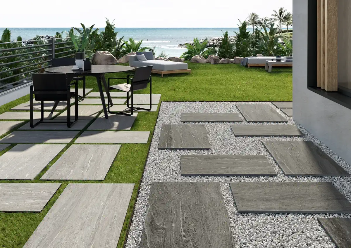 Gres Coem DUALMOOD STONE efekt beton, kamień - aranzacja w przestronnym holu