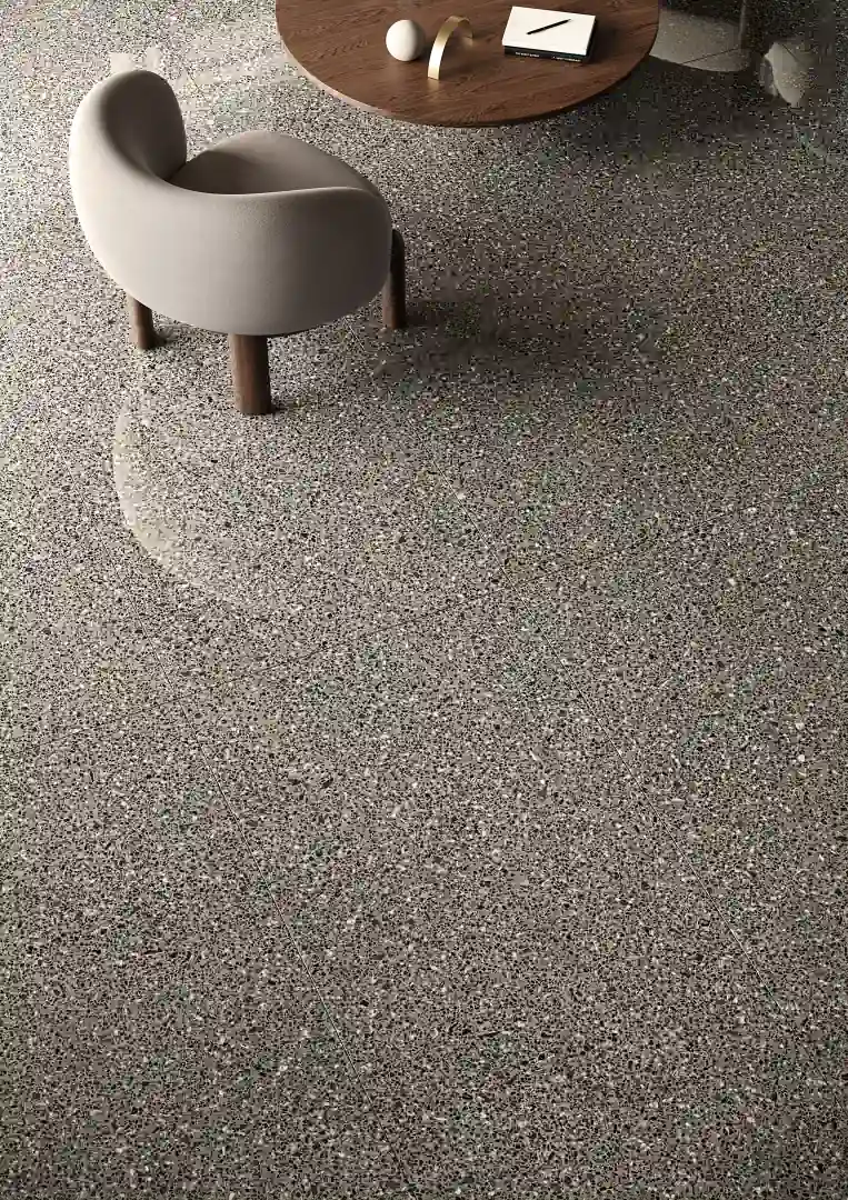 Gres Coem PORFIRICA AGLO efekt terrazzo - aranzacja w nowoczesnym salonie