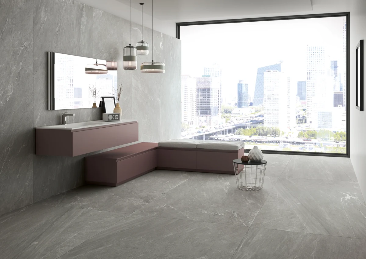 Gres Coem WIDE GRES efekt drewno, kamień, marmur, beton, terrazzo - aranzacja w przestronnym holu