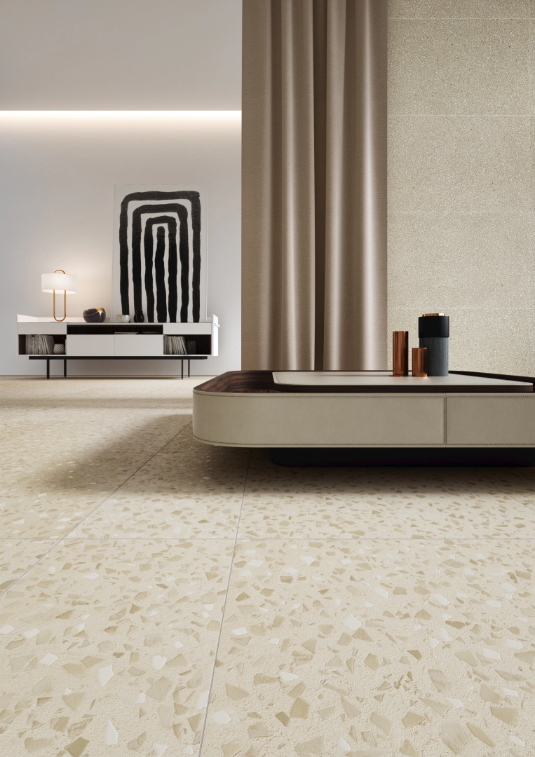 Gres Coem TERRAZZO efekt terrazzo - aranzacja w przestronnym holu