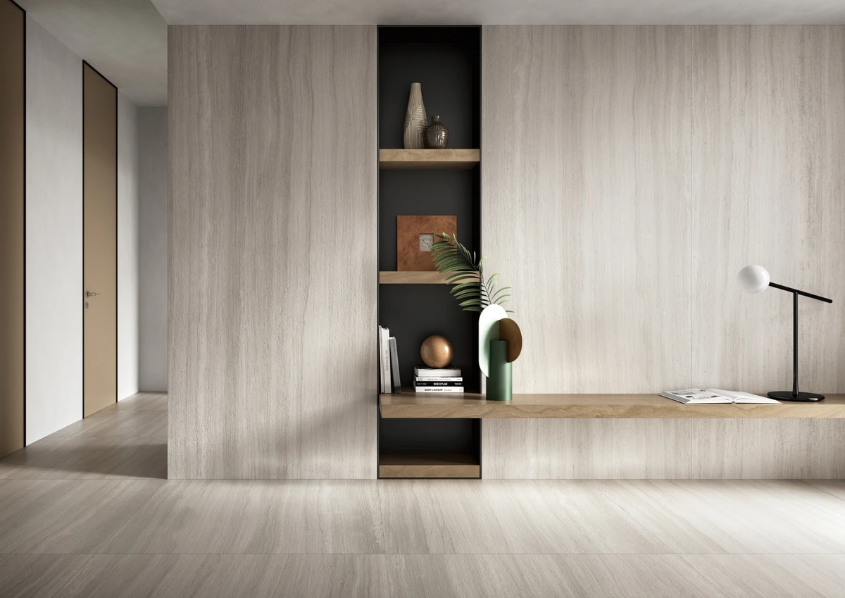 Gres Coem WIDE GRES efekt drewno, kamień, marmur, beton, terrazzo - aranzacja w minimalistycznym wnetrzu