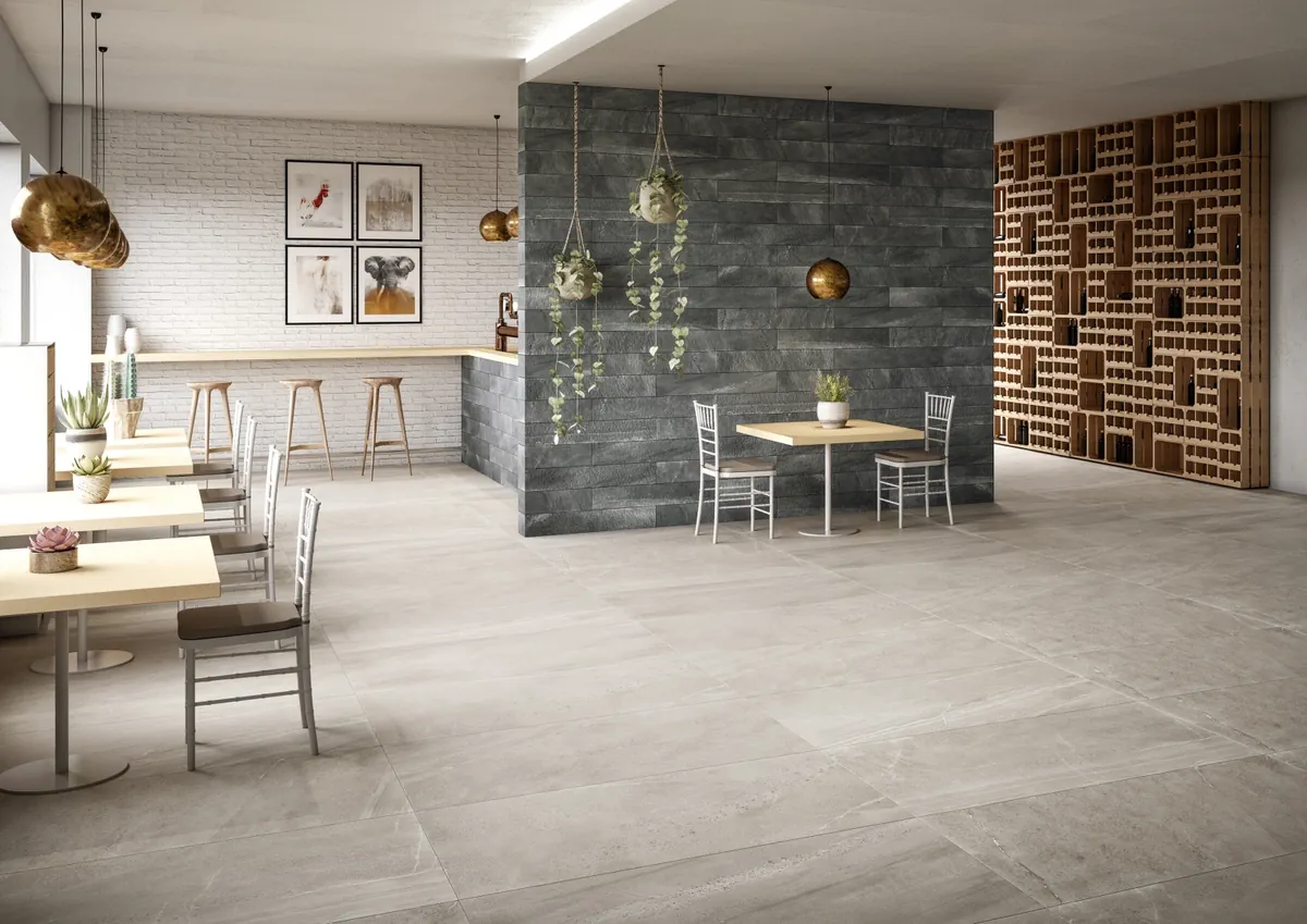Gres Coem BRIT STONE efekt beton, kamień - aranzacja w minimalistycznym wnetrzu
