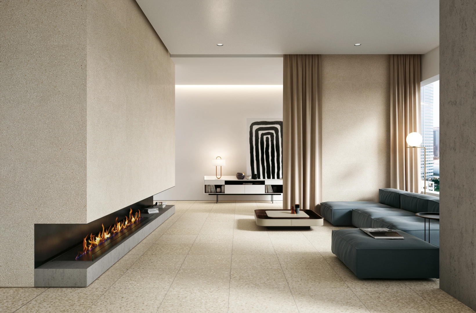 Gres Coem TERRAZZO efekt terrazzo - aranzacja w przy kominku