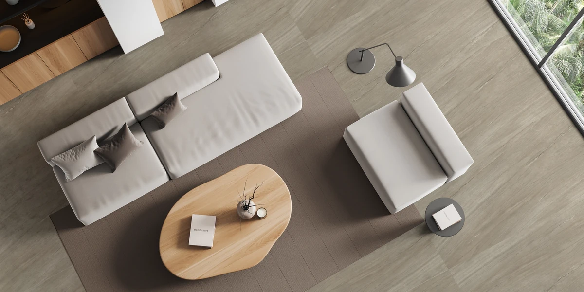 Gres Coem WIDE GRES efekt drewno, kamień, marmur, beton, terrazzo - aranzacja w nowoczesnym salonie