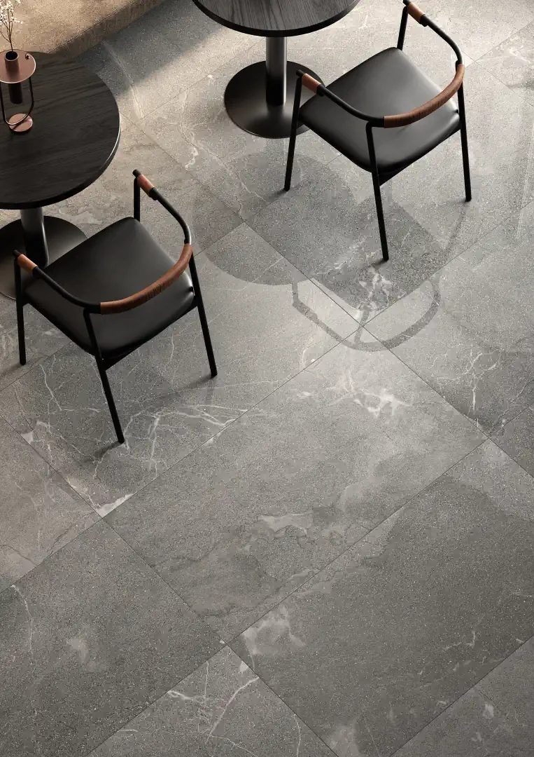 Gres Coem MEA LAPIS efekt marmur, kamień - aranzacja w minimalistycznym wnetrzu