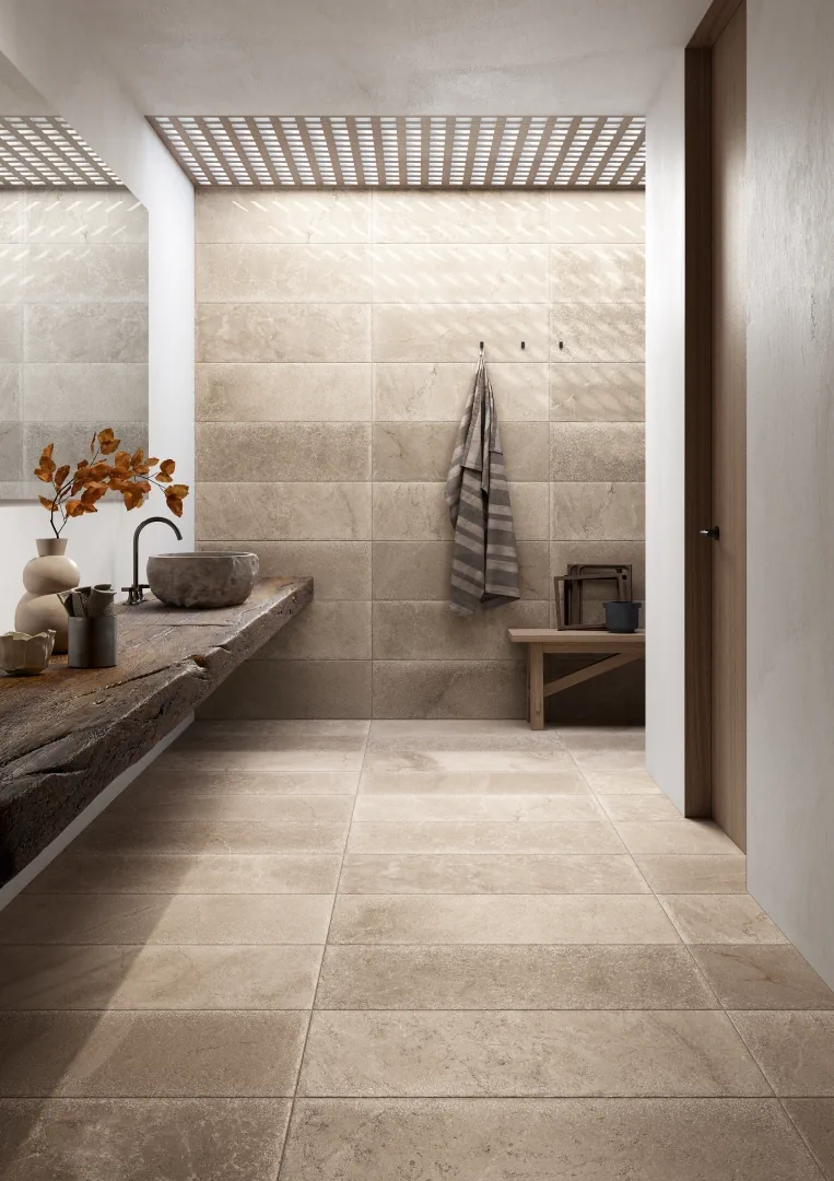 Gres Coem MASSIVE STONE efekt beton, kamień - aranzacja w nowoczesnym salonie