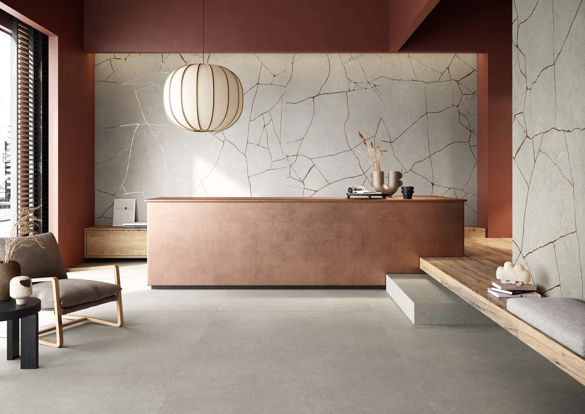 Gres Coem WIDE GRES efekt drewno, kamień, marmur, beton, terrazzo - aranzacja w minimalistycznym wnetrzu