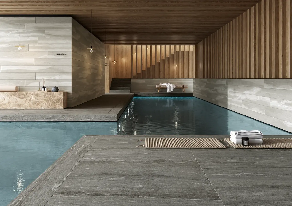 Gres Coem DUALMOOD STONE efekt beton, kamień - aranzacja w przy kominku