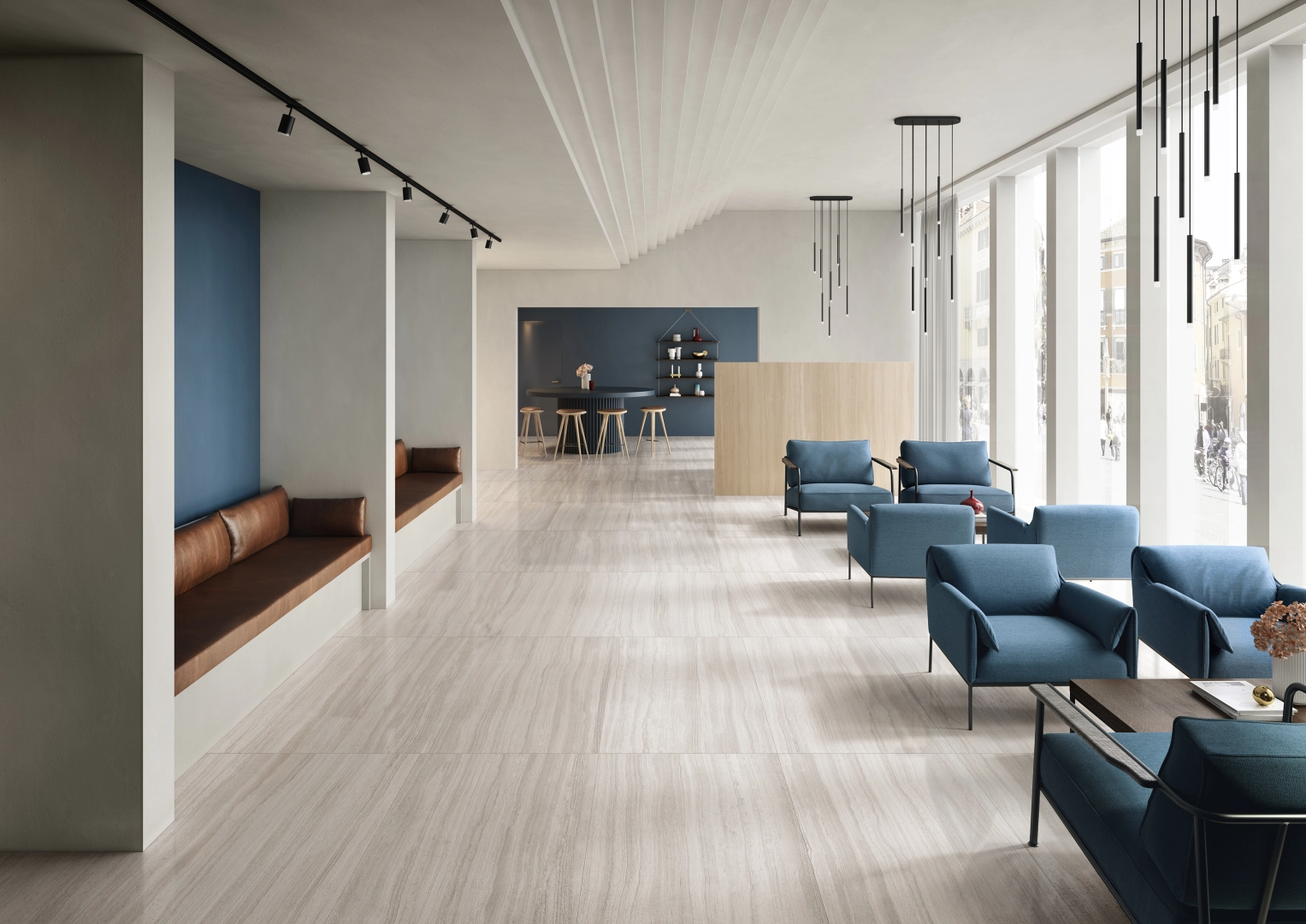 Gres Coem FLOW efekt beton, marmur - aranzacja w przestronnym holu