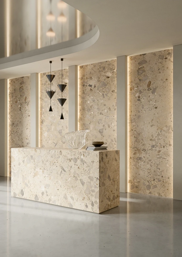 Gres Coem WIDE GRES efekt drewno, kamień, marmur, beton, terrazzo - aranzacja w nowoczesnym salonie