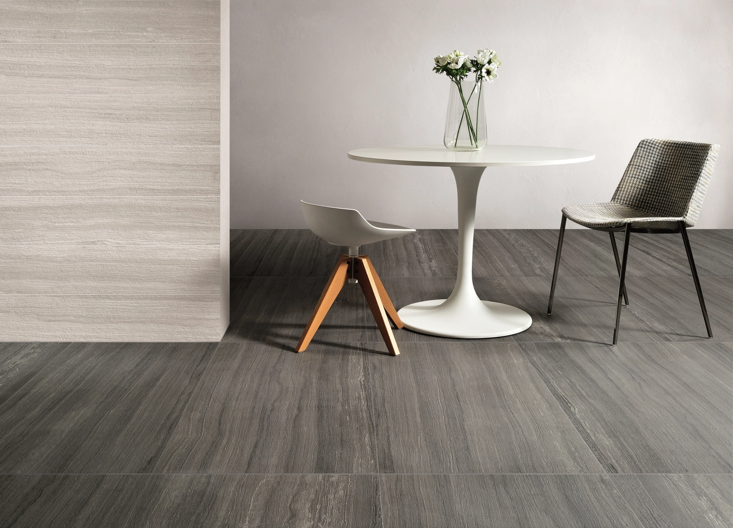 Gres Coem FLOW efekt beton, marmur - aranzacja w przestronnym holu