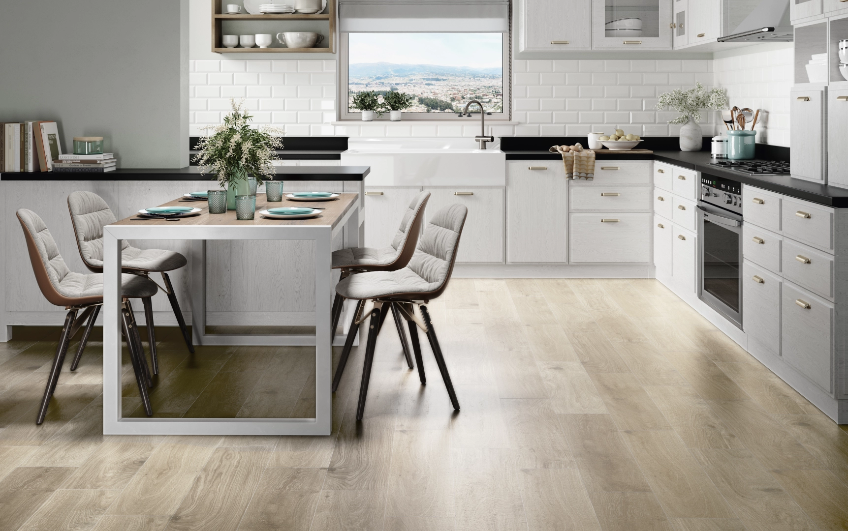 Gres Colorker COLUMBIA efekt drewno - aranzacja w przestronnym holu