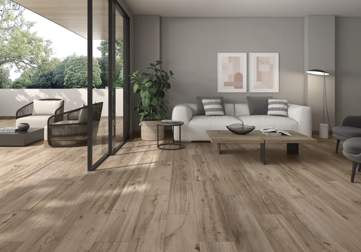 Gres Colorker HAMILTON efekt drewno - aranzacja w minimalistycznym wnetrzu