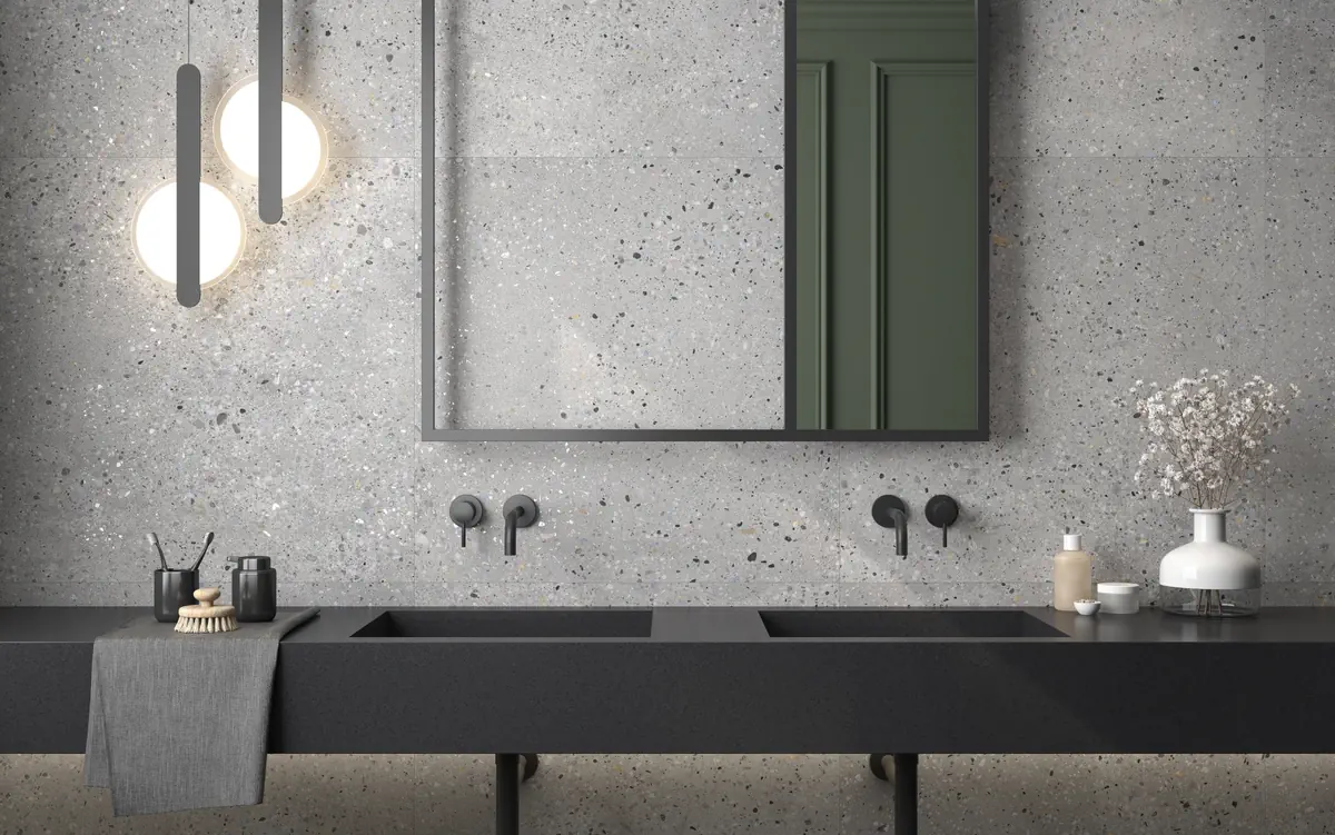 Gres Colorker TAKARA efekt terrazzo - aranzacja w eleganckiej lazience