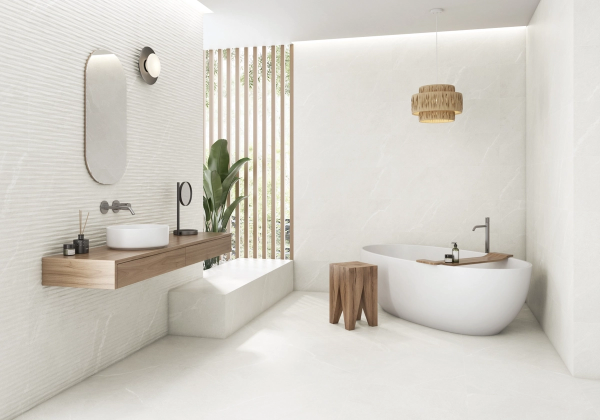 Gres Colorker DHARA efekt kamień - aranzacja w eleganckiej lazience