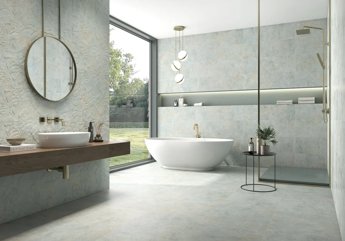 Gres Colorker PANAMERA efekt beton - aranzacja w przy kominku
