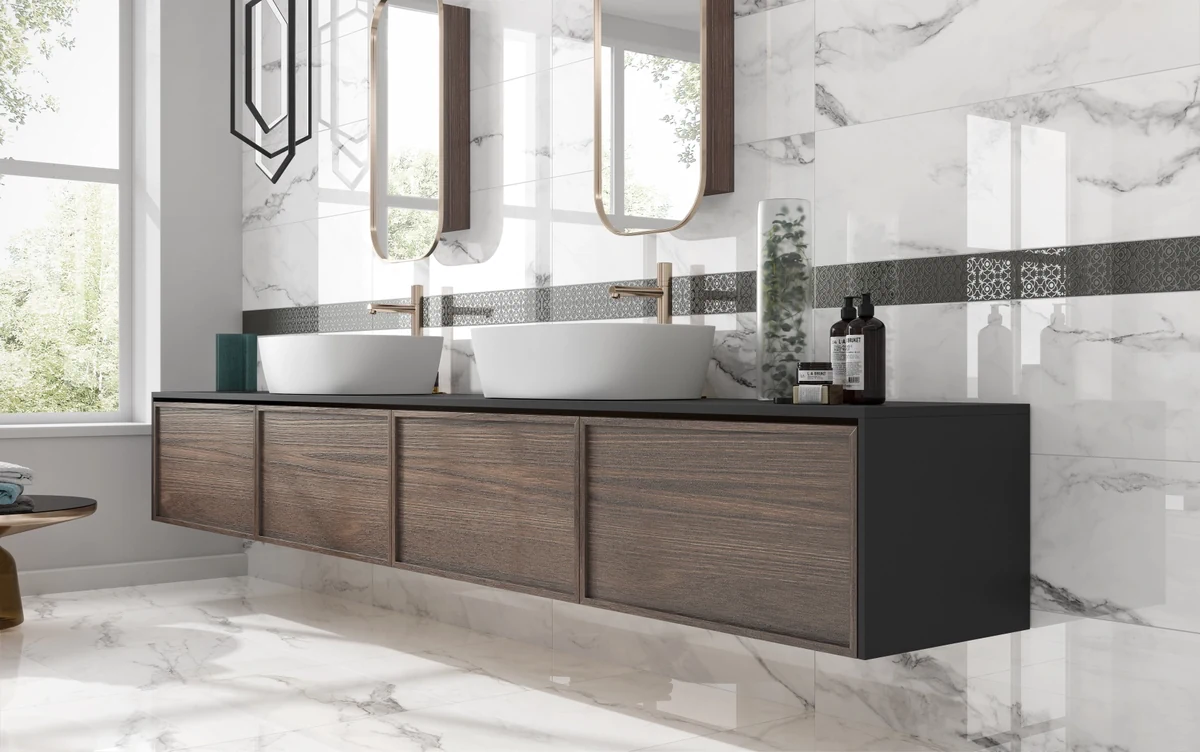 Gres Colorker INSIGNIA efekt marmur - aranzacja w eleganckiej lazience