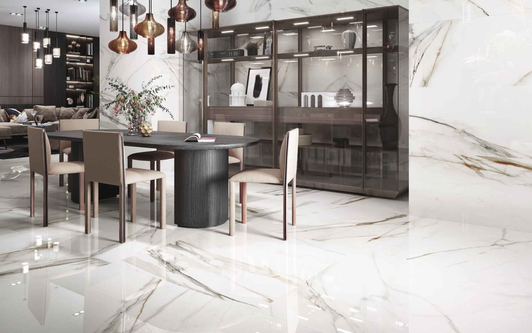 Gres Colorker CALACATTA GOLD efekt marmur - aranzacja w strefie dziennej z duzymi przeszkleniami