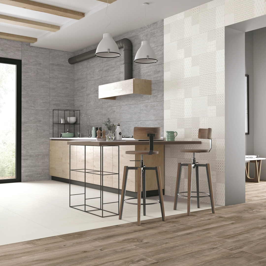 Gres Colorker CONCEPT efekt beton - aranzacja w strefie dziennej z duzymi przeszkleniami