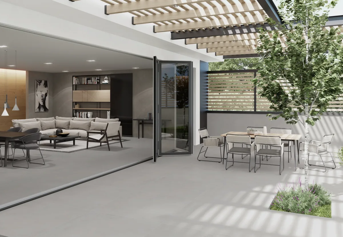 Gres Colorker BOXER efekt beton - aranzacja w przy kominku