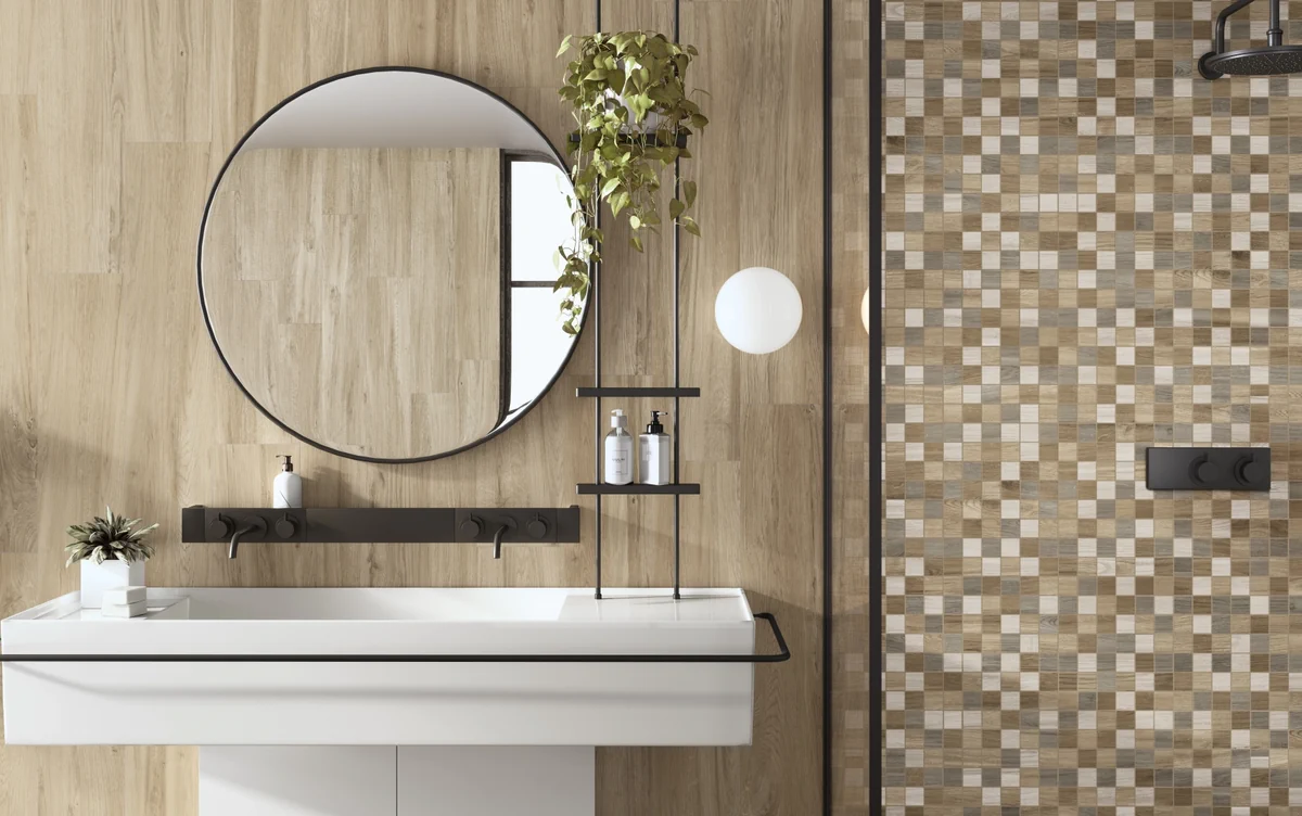Gres Colorker LAKEVIEW efekt drewno - aranzacja w przy kominku