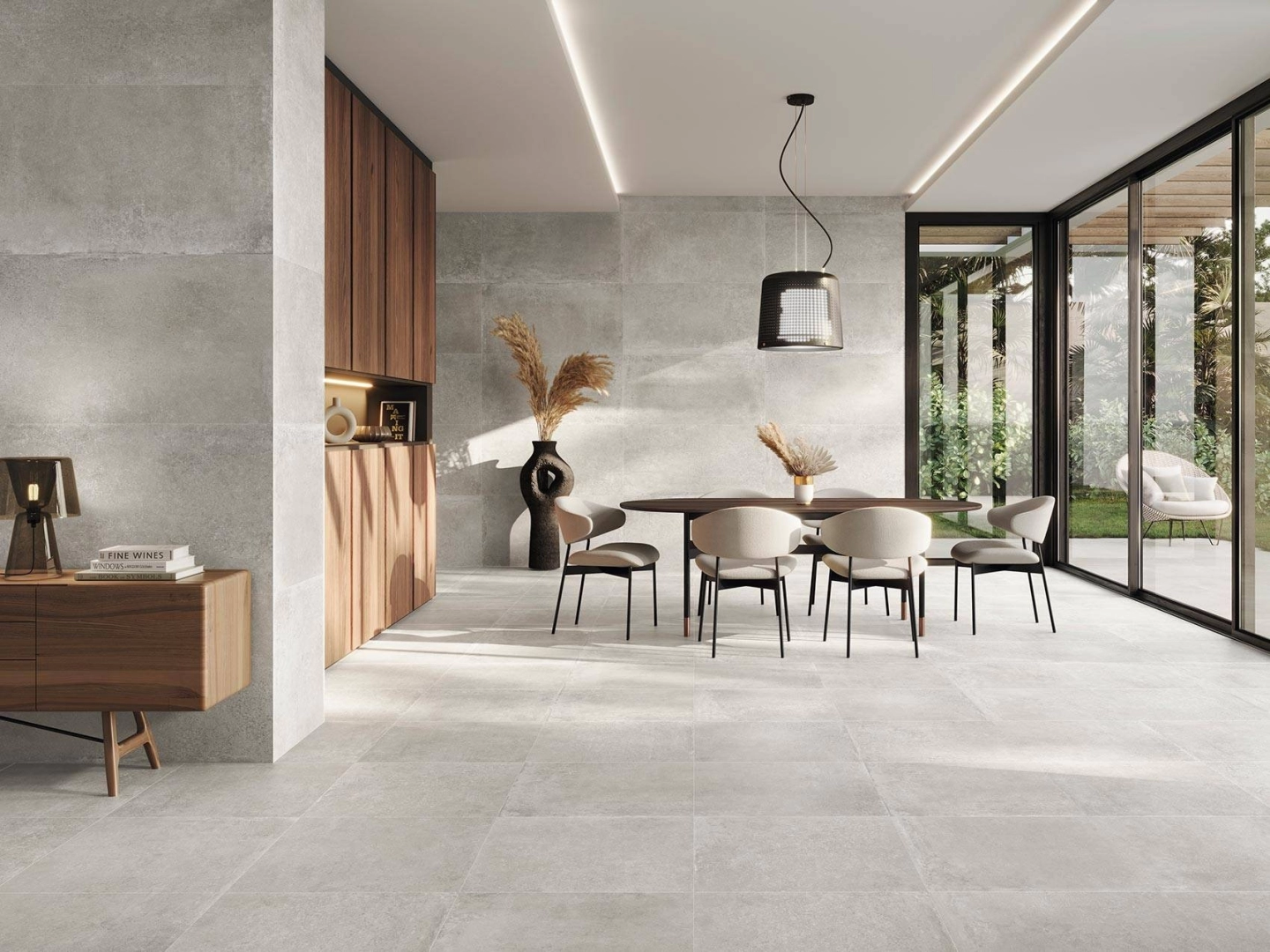 Gres Colorker LEGACY efekt beton - aranzacja w przestronnym holu