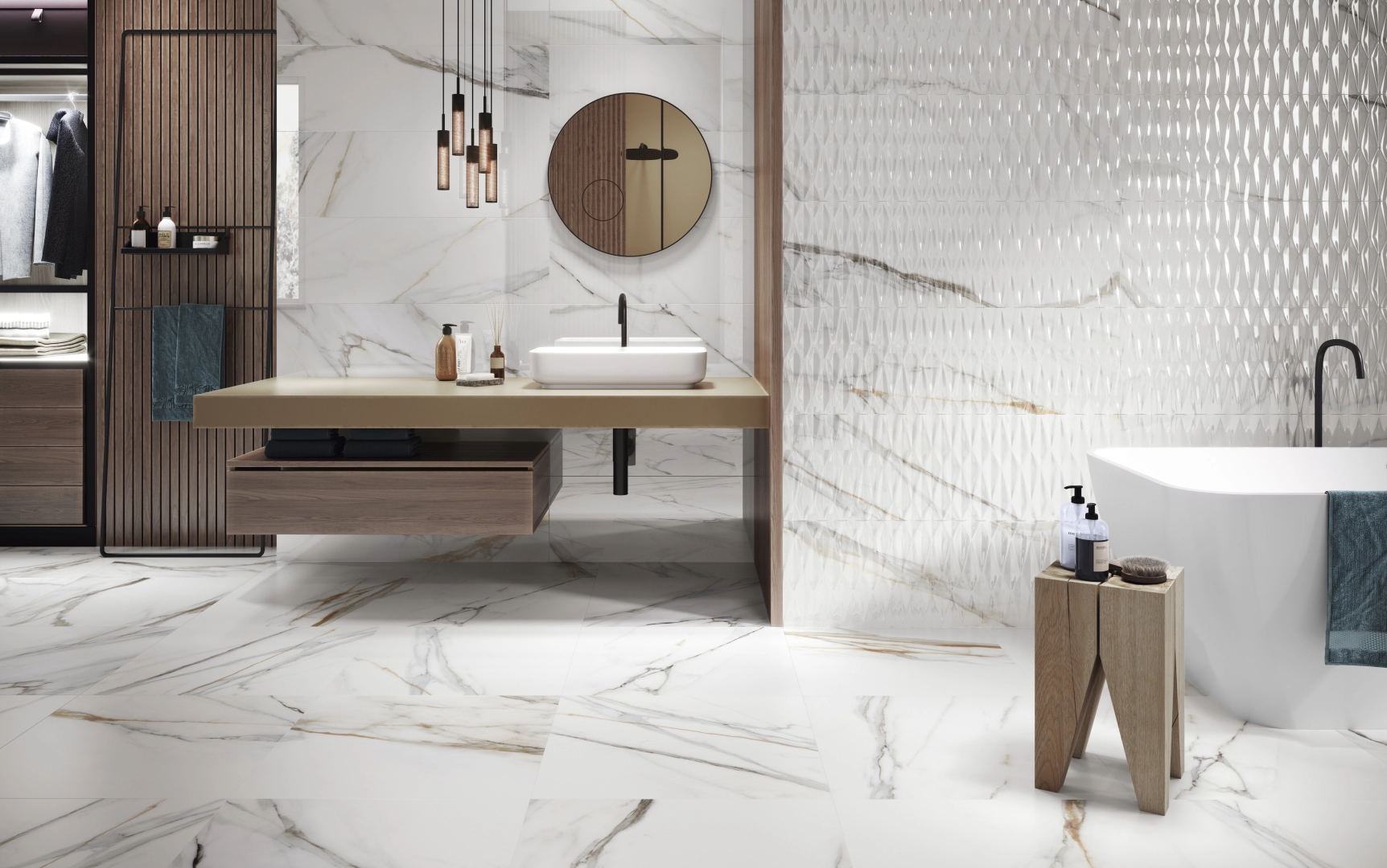 Gres Colorker CALACATTA GOLD efekt marmur - aranzacja w przestronnym holu